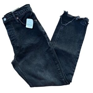 Free People Black Tapered Baggy High Rise Raw Hem Boyfriend Fit Jeans Sz 25 $98